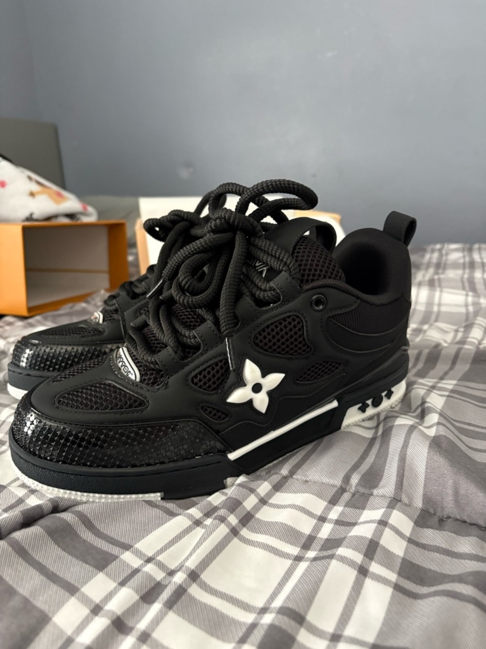 Louis Vuitton Black Kids Sneakers with White Flower Accent